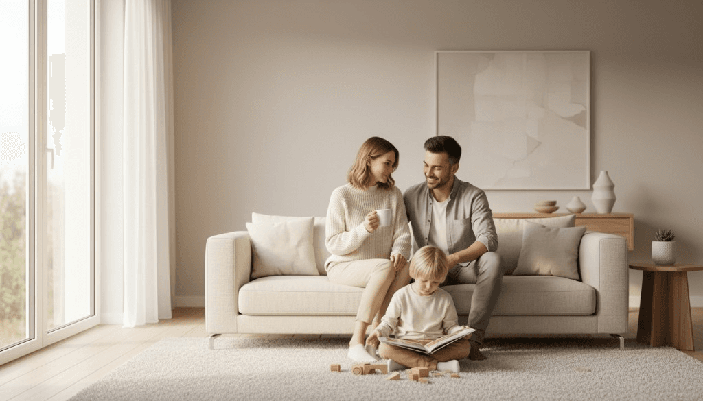 Family relaxing together in a bright living room